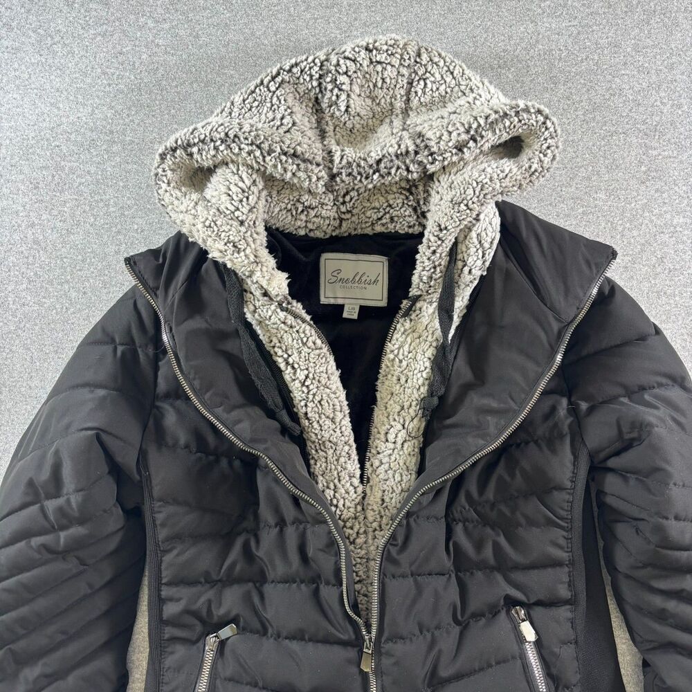 Snobbish Collection Womens L Black Puffer Jacket Sherpa Faux Fur Hood
